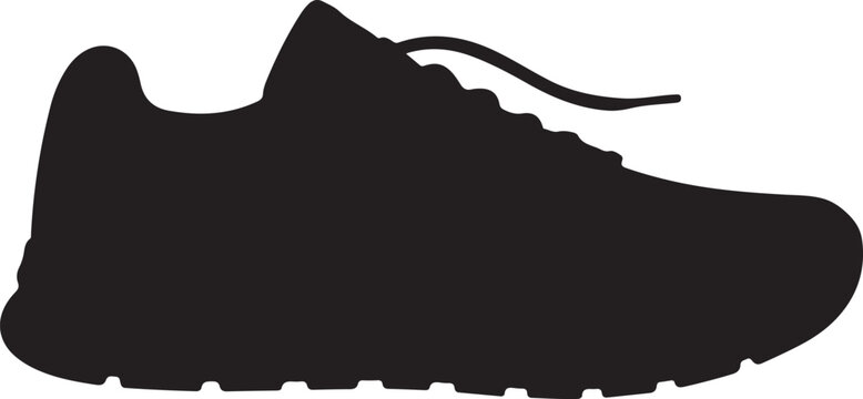 A black silhouette of a running shoe against a white background 