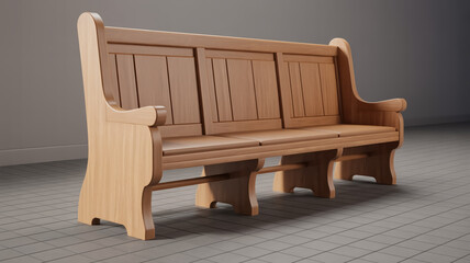 A 3D rendered model of a three-person church pew bench in light oak wood.