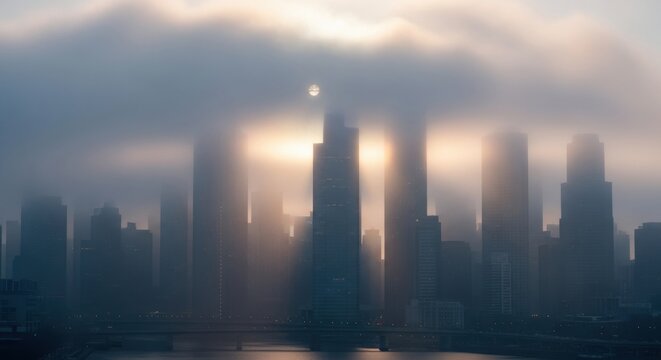 Ethereal Cityscape: Skyscrapers Piercing Through Dense Fog, Illuminated by a Faint Sun - Powered by Adobe