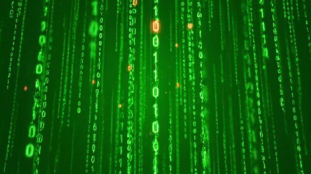 Digital rain of green binary code cascades down in a futuristic abstract background.