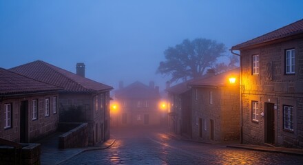 Ethereal Cobblestone Street in Foggy European Village with Warm Lantern Glow