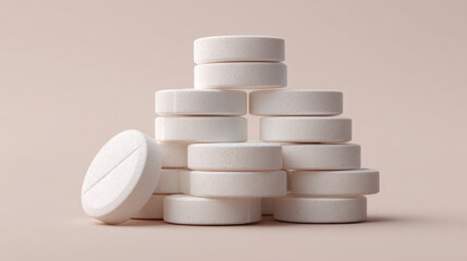White tablets stacked in small pile, minimal pharmaceutical composition