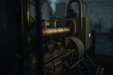 Fototapeta premium Close-up running diesel generator glowing softly with industrial precision and strength