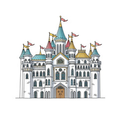 Fairytale castle with flags and towers, isolated on white background