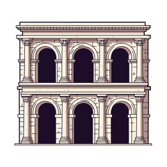 Classical building with arches and columns isolated on white background