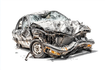 damaged vehicle with dented hood on white background