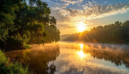 Sunrise over a Calm River with Trees.
