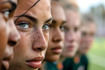 Determined female rugby players before the match, emotional close-up
