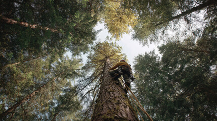 Skilled arborist scaling a tall forest tree with rope harness, photographed from behind