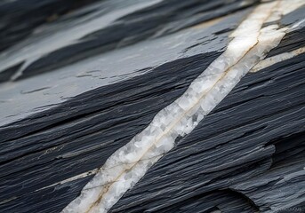 An extreme close-up of a smooth, dark slate surface strongly intersected by a thick, white calcite or quartz vein running diagonally. The image highlights the contrast and layered rock structure.