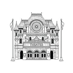 Ornate theater building with flags isolated on white background