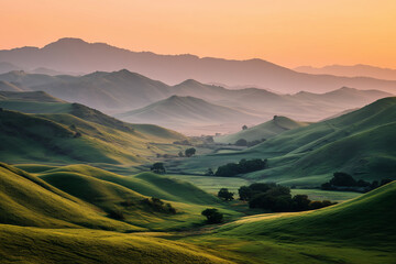 Sunrise Over Rolling Green Hills