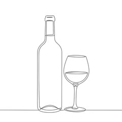 Elegant wine bottle and glass simple outline drawing minimalist beverage alcohol drink vector on white background