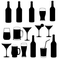 Collection of silhouetted alcoholic and non-alcoholic beverage glasses and bottles vector on white background