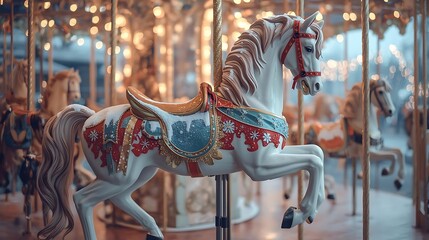 Vintage Carousel Horse with Ornate Decorations and Vibrant Colors Against Warm Glowing Lights