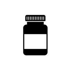 Simple black silhouette of a pill bottle with blank label for medication or supplement branding vector on white background