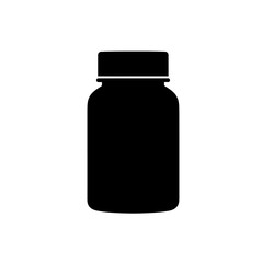Simple black silhouette of a medicine bottle or pill container representing health and pharmacy vector on white background