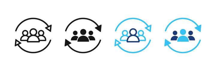 Personnel change icon set. People with arrow icon. Teamwork team rotation icon. Staff user visitors rotation icon.