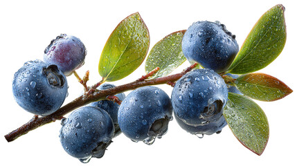 Fresh Blueberries on Branch with Green Leaves, Perfect for Organic Food, Healthy Lifestyle, Summer Recipes, and Natural Ingredients, Isolated on White Background Transparent background, PNG