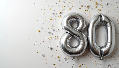 Silver balloons in 80 number shape for eightieth birthday anniversary party on white background with confetti. Celebration decoration with shiny silver number balloons. Party decoration with