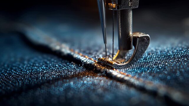 Close-Up of Sewing Machine Needle Piercing Through Fabric Layers with Thread Forming a Tight Stitch on Raw Denim Material Showing Mechanical Precision