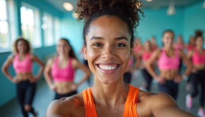 Smiling athletic woman takes selfie at gym. Group of fit ladies performs exercise in background. Female fitness instructor at workout class shares motivation photo.