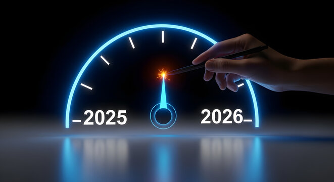 2026 a hand points to a futuristic speedometer indicating the transition from 2025 to 2026, representing the rapid pace of change and future progress