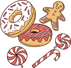 Cute Holiday Dessert Set Featuring Donuts, Gingerbread, and Candy Cane Vector