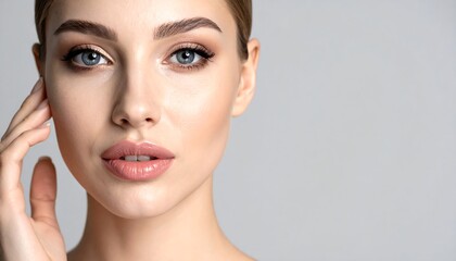 Fototapeta premium A close-up portrait of a fair-skinned woman with expressive blue eyes, expertly styled makeup, and sleek updo against a gray background