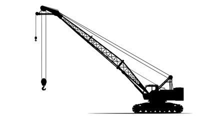 Silhouette of a powerful crawler crane with a lattice boom and hook, isolated on a white background. Industrial construction and heavy machinery concept