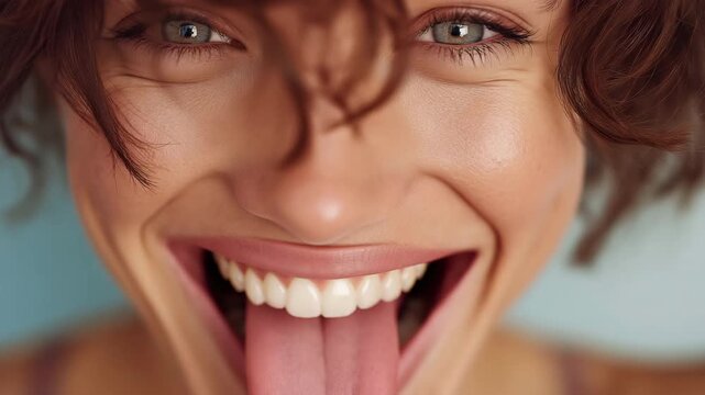A close-up of a lady exposing her teeth and tongue.