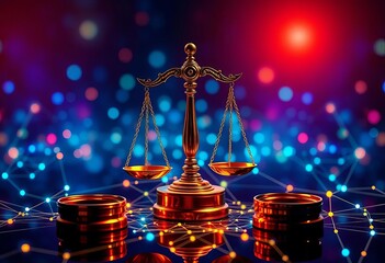 Abstract digital network nodes forming a legal scale of justice,  compliance,  blockchain