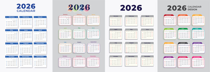 2026 calendar. 2026 Planner calender template with 12 month. Symple Layout Illustration. Week starts on Monday. Calendar Set for 2025 2026 2027 year 