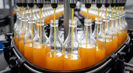 Automated beverage production line filling clear glass bottles with orange liquid on a conveyor belt in a modern factory setting