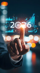 Fototapeta premium 2026 businessman touching a futuristic interface displaying the year 2026 with a growing financial chart and abstract city lights in the background, symbolizing future success and technology