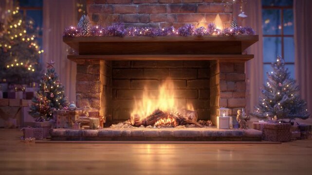 Cozy Fireside Scene with Glowing Hearth Illuminating Festively Decorated Christmas Trees and Holiday Ambiance in a Warm Harbor of Bright Cheer