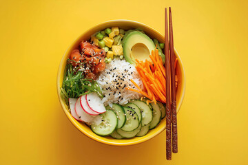 Vegan Poke Bowl Ingredients Floating in Yellow Bowl
