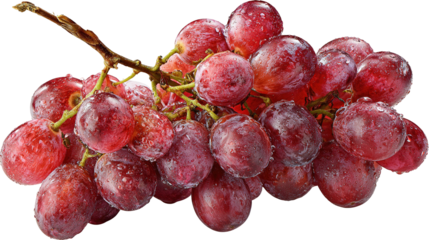 flying sliced red grape with leaves isolated on transparent white background, clipping path