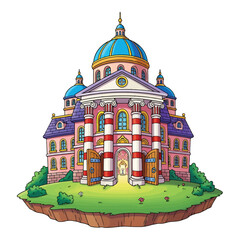 Whimsical fairytale castle with blue domes and pink walls