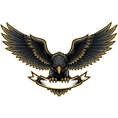 Obraz premium Illustration of a black eagle with outstretched wings holding a banner.
