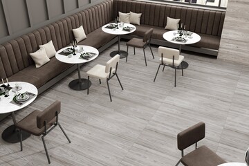 Elegant restaurant interior with marble tables and cozy lighting. 3D Rendering