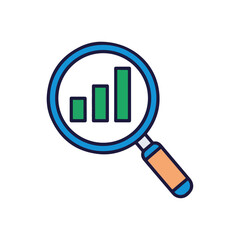 Magnifying glass over a bar graph, representing data analysis and research.