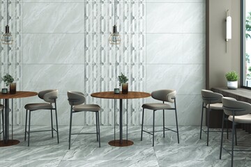 Fototapeta premium Minimal restaurant design featuring stone tiles and soft lighting. 3D Rendering