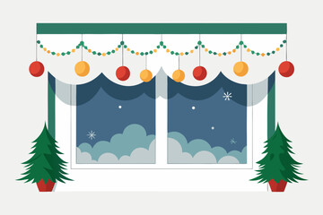 Decorated window with christmas trees near on transparent background