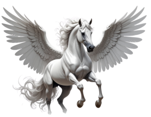 Soaring White Horse with Wings and Glowing Mane Isolated on White Background — Magical Creature Illustration