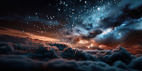 A breathtaking, dark space vista: a luminous spiral galaxy shines above dramatic, brooding clouds. created by ai