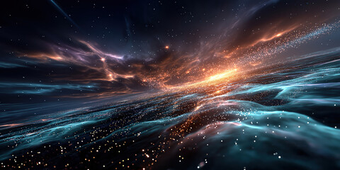 A breathtaking, dark space vista: a luminous spiral galaxy shines above dramatic, brooding clouds. created by ai