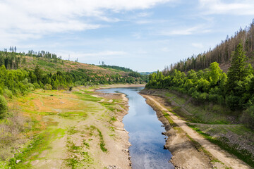 View over Oker Reservoir from the Dam in Summer, Low Water Level, Harz Mountains