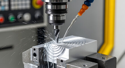 Precision CNC milling machine machining metal workpiece with coolant spray in industrial manufacturing process