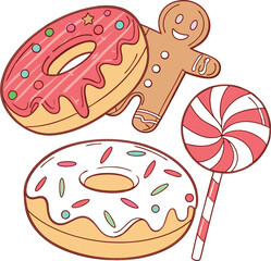 Cute Holiday Dessert Set Featuring Donuts, Gingerbread, and Candy Cane Vector